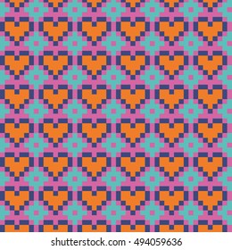 Orange heart seamless stitching pattern on a pink background. Bright pixel art pattern. Vector illustration