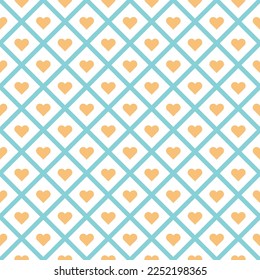 Forma de corazón naranja sobre fondo cuadrado blanco y azul. Feliz Día de San Valentín. Patrón cardíaco en el fondo de línea azul diagonal.