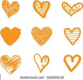 Orange heart vector. Hand drawn love icon isolated. Collection of heart icon hand drawn vector for love logo, heart symbol, doodle icon and Valentine's day. Painted grunge vector shape