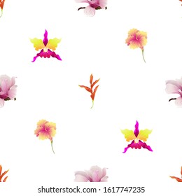 Orange Heliconia. Pink Magnolia. Yellow Hibiscus. Pink Orchid. Vector illustration. Seamless background pattern. Floral botanical flower. Wild leaf wildflower isolated. Exotic tropical hawaiian.
