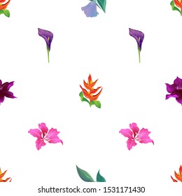 Orange Heliconia. Purple Bllflower. Purple Clematis. Purple Calla. Pink Bauhinia Purpurea. Vector illustration. Seamless background pattern. Floral botanical flower. Wild leaf wildflower isolated.