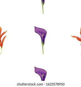 Orange Heliconia. Purple Calla. Vector illustration. Seamless background pattern. Floral botanical flower. Wild leaf wildflower isolated. Exotic tropical hawaiian jungle. Fabric wallpaper print.