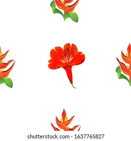 Orange Heliconia. Red Amaryllis. Vector illustration. Seamless background pattern. Floral botanical flower. Wild leaf wildflower isolated. Exotic tropical hawaiian jungle. Fabric wallpaper print.