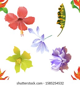 Orange Heliconia. Red Hibiscus. Yellow Banana Leaf. Yellow Orchid. Violet Clematis. Violet Agapanthus Lily. Vector illustration. Seamless background pattern. Floral botanical flower. Wild leaf.