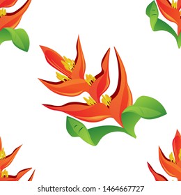 Orange Heliconia. Vector illustration. Seamless background pattern. Floral botanical flower. Wild leaf wildflower isolated. Exotic tropical hawaiian jungle. Fabric wallpaper print texture.