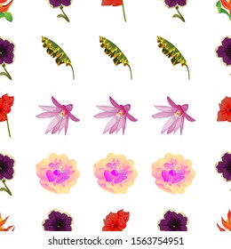 Orange Heliconia. Violet Petunia. Red Amaryllis. Yellow Banana Leaf. Purple Hatiora. Yellow Magnolia. Vector illustration. Seamless background pattern. Floral botanical flower. Wild leaf wildflower.