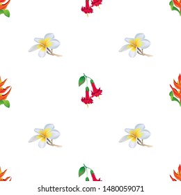 Orange Heliconia. White Plumeria. Red Angel Trumpet. Vector illustration. Seamless background pattern. Floral botanical flower. Wild leaf wildflower isolated. Exotic tropical hawaiian jungle. Fabric.