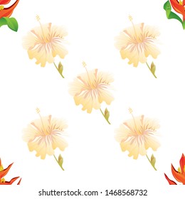 Orange Heliconia. Yellow hibiscus. Vector illustration. Seamless background pattern. Floral botanical flower. Wild leaf wildflower isolated. Exotic tropical hawaiian jungle. Fabric wallpaper print.