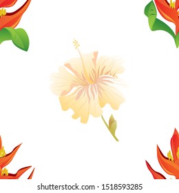 Orange Heliconia. Yellow hibiscus. Vector illustration. Seamless background pattern. Floral botanical flower. Wild leaf wildflower isolated. Exotic tropical hawaiian jungle. Fabric wallpaper print.