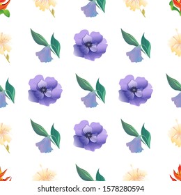 Orange Heliconia. Yellow hibiscus. Violet Anemone. Purple Bllflower. Vector illustration. Seamless background pattern. Floral botanical flower. Wild leaf wildflower isolated. Exotic tropical.