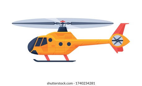 Orange Helicopter Aircraft, Flying Chopper Air Transportation Flat Vector Illustration