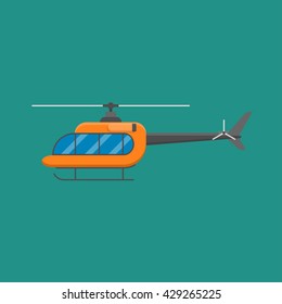 Orange helicopter vector illustration. Flat design style icon. Helicopter isolated on dark green background
