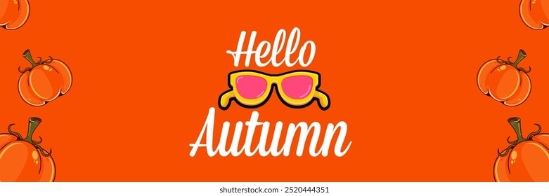Orange Hello Autumn vector banner with text and retro yellow sunglasses, pumpkins isolated on orange background. Hello Autumn poster design template with cartoon sunglasses, pumpkins, good vibes