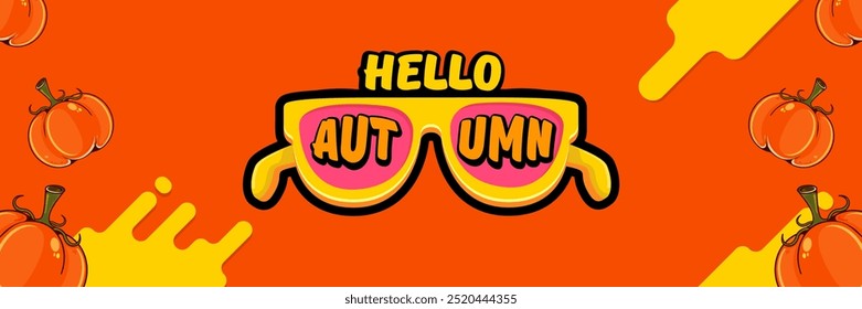 Banner vetor laranja Hello Autumn com texto e óculos de sol amarelo retro, abóboras isoladas no fundo laranja. Hello Autumn poster design template com óculos de sol de desenho animado, abóboras, boas vibrações