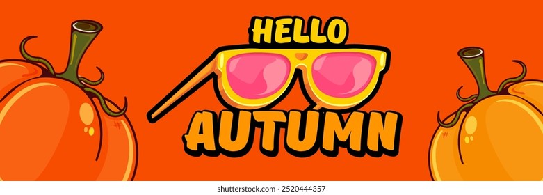 Orange Hello Autumn vector banner with text and retro yellow sunglasses, pumpkins isolated on orange background. Hello Autumn poster design template with cartoon sunglasses, pumpkins, good vibes