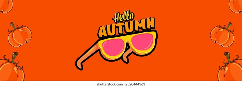Orange Hello Autumn vector banner with text and retro yellow sunglasses, pumpkins isolated on orange background. Hello Autumn poster design template with cartoon sunglasses, pumpkins, good vibes