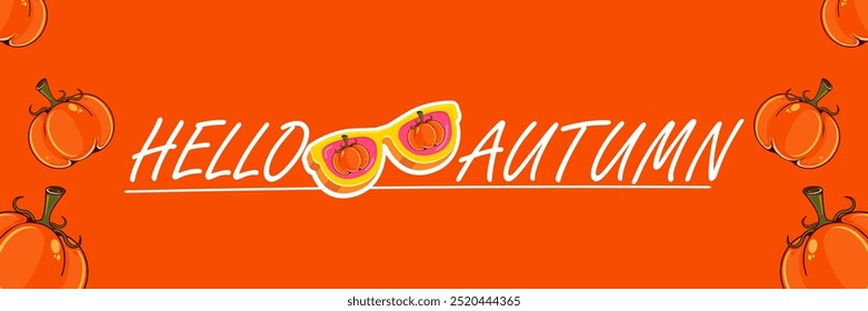 Banner vetor laranja Hello Autumn com texto e óculos de sol amarelo retro, abóboras isoladas no fundo laranja. Hello Autumn poster design template com óculos de sol de desenho animado, abóboras, boas vibrações