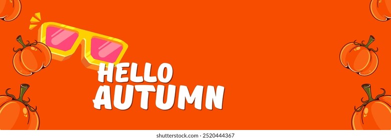 Orange Hello Autumn vector banner with text and retro yellow sunglasses, pumpkins isolated on orange background. Hello Autumn poster design template with cartoon sunglasses, pumpkins, good vibes
