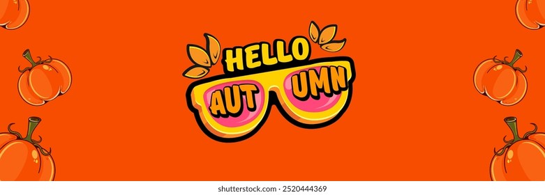 Orange Hello Autumn vector banner with text and retro yellow sunglasses, pumpkins isolated on orange background. Hello Autumn poster design template with cartoon sunglasses, pumpkins, good vibes