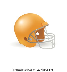 Orange helmet for American football 3D illustration. Cartoon drawing of headgear or sportswear for athletes in 3D style on white background. Sports, healthy lifestyle, football concept