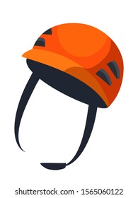 Orange helmet flat vector illustration. Protective sports equipment, safety headwear isolated on white background. Sportsman uniform item. Active recreation, extreme leisure symbol 