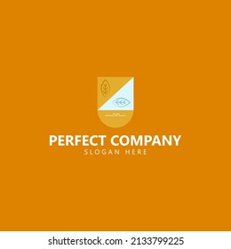 Logotipo de vector heráldico naranja con el escudo y las hojas esquematizan el arte.