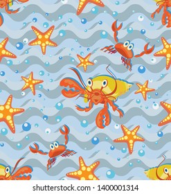 Orange hermit crab and crab on the waves. Seamless pattern. Design for children's textiles, background image for packaging materials. Cartoon style