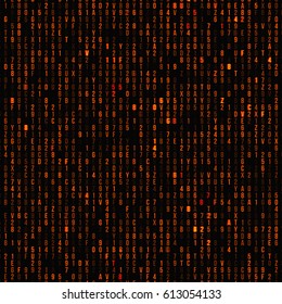 Orange hexadecimal computer code. Abstract matrix background. Hacker attack. Generated computer code concept