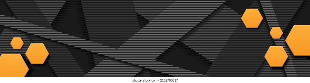 Orange hexagon in front of dark background, modern banner, honey comb, minimalist