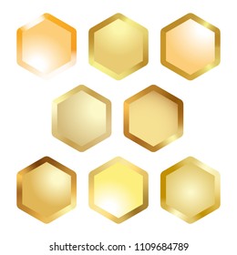 Orange hexagonal honeycomb cell metallic button. Abstract vector icons