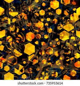 Orange hexagons and different elements on black backdrop. Seamless texture. Abstract vector background for web page, banners, fabric, home decor, wrapping 