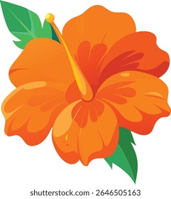 Flor de hibisco laranja - flor de cinco pétalas com estame amarelo e folhas verdes