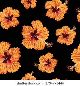 Orange hibiscus flowers on the black background. Seamless pattern. Tropical summer illustration.