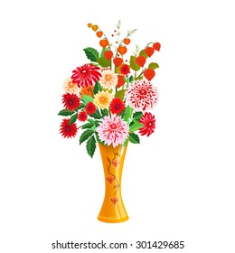 Orange high floor vase with flowers dahlias and physalis. Autumn bouquet in a vase.