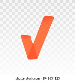 Orange highlighter check mark isolated on transparent background. Marker pen highlight underline stroke. Vector hand drawn graphic stylish element