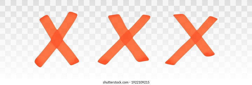 Orange highlighter crosses set isolated on transparent background. Marker pen highlight underline cross. Vector hand drawn graphic stylish element