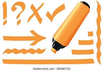 Orange highlighter - fluorescent marker plus fluorescing strokes and signs like call sign, question mark, tick mark and arrow. Isolated vector illustration on white background.