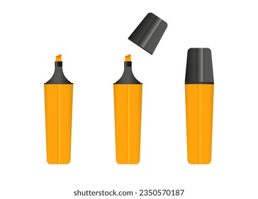 Orange highlighter marker, 3 versions of marker in orange color. Vector set.