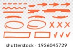 Orange highlighter set - lines, arrows, crosses, check, oval, rectangle isolated on transparent background. Marker pen highlight underline strokes. Vector hand drawn graphic stylish element
