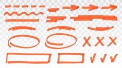 Orange Highlighter Set - Lines, Arrows, Crosses, Check, Oval, Rectangle Isolated On Transparent Background. Marker Pen Highlight Underline Strokes. Vector Hand Drawn Graphic Stylish Element