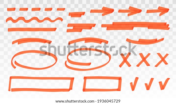 Orange\
highlighter set - lines, arrows, crosses, check, oval, rectangle\
isolated on transparent background. Marker pen highlight underline\
strokes. Vector hand drawn graphic stylish\
element