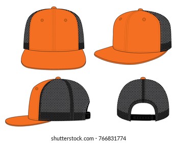 Orange hip hop cap with mesh black at side and back panels, adjustable snap back closure strap template on white background, vector file.