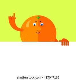 Orange holding a blank sheet and making attention gesture with forefinger. Flat style vector illustration. Funny cartoon character for agriculture or food design, tropical citrus fruit