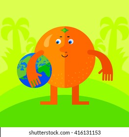 Orange holding a globe. Flat style vector illustration. Funny cartoon character for agriculture or food design, tropical citrus fruit