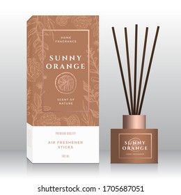 Orange Home Fragrance Sticks Abstract Vector Label Box Template. Hand Drawn Sketch Flowers, Leaves Background. Retro Typography. Room Perfume Packaging Design Layout. Realistic Mockup. Isolated.