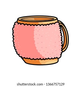 Orange home mug with textile case with hot coffee