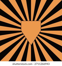 Una forma de placa de inicio naranja aislada en líneas radiantes y patrón de semitono
