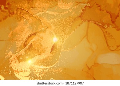 Orange and honey marble abstract pattern. Alcohol ink technique stone texture. Vector background. Modern paint with glitter. Banner, poster design template.
