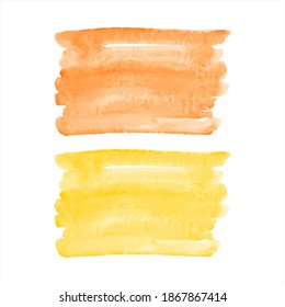 Orange, honey yellow watercolor vector brush strokes, smears set. Watercolour brushstroke shape with stains. Rectangle background, text frame, graphic design element. Painted hand drawn texture