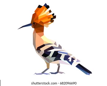 Orange Hoopoe low polygon isolated on blank background, brown bird big head crystal design illustration. Black and white stripe wings pet geometric graphic.
